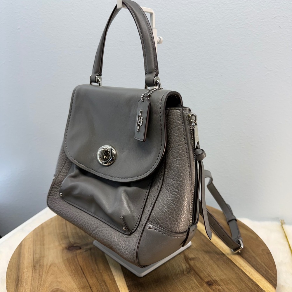 Coach Faye Convertible Backpack Gray Leather Turnlock 3 Way Bag Buffalo Embossed - Picture 4 of 16